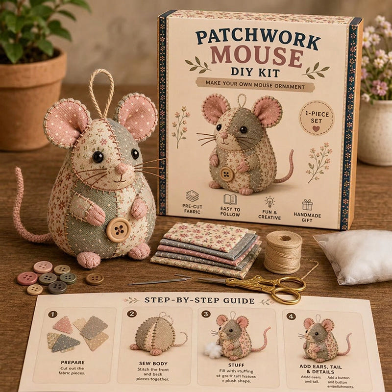 Patchwork Mouse DIY Sewing Kit – Minden alkatrész és útmutató, elkészítheted saját plüss egeredet 🧵🐭
