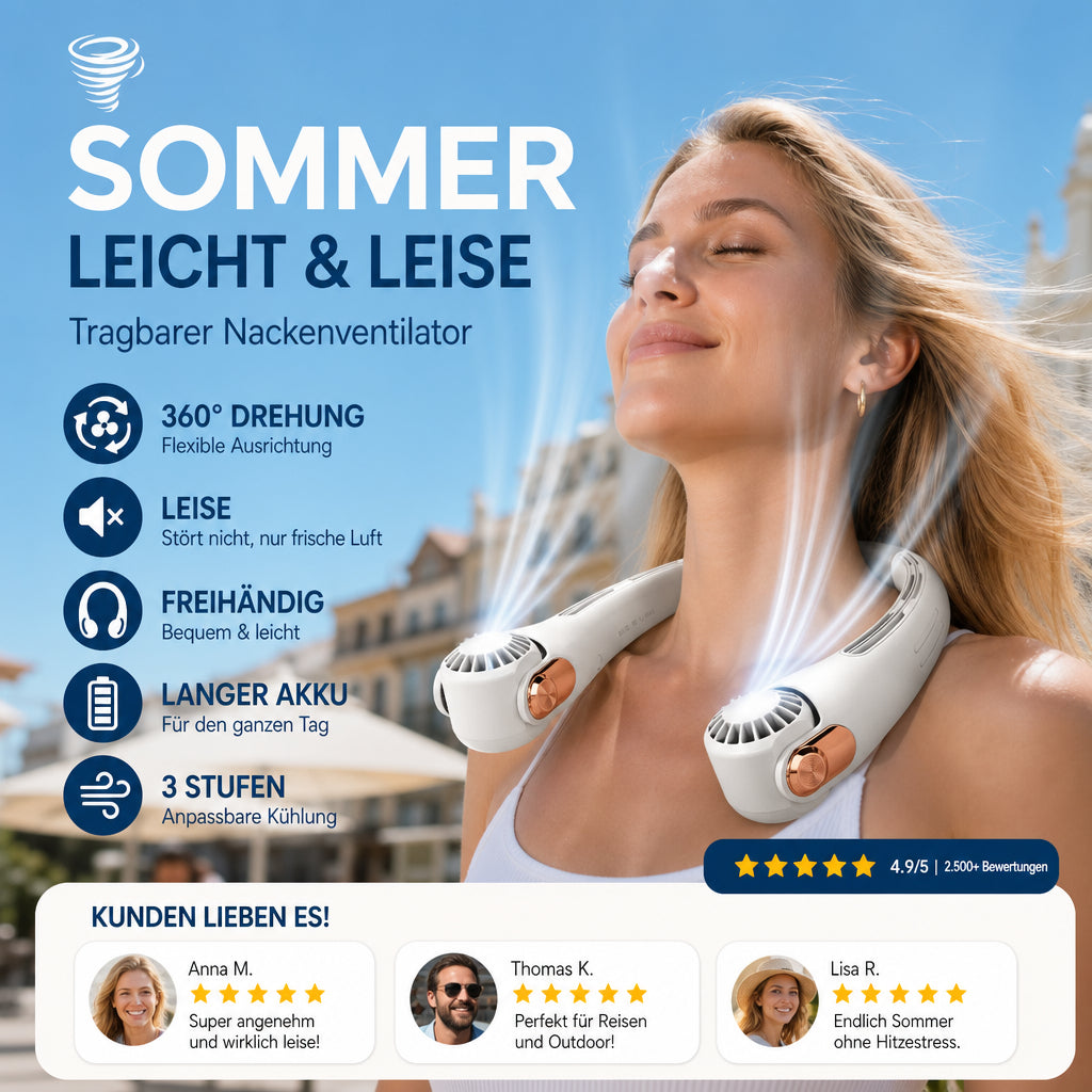 ☀️ USB-s nyaki hűsítő ventilátor – 360° forgatható fej, hosszú akkumulátor, csendes motor – Nyári hőség ellen