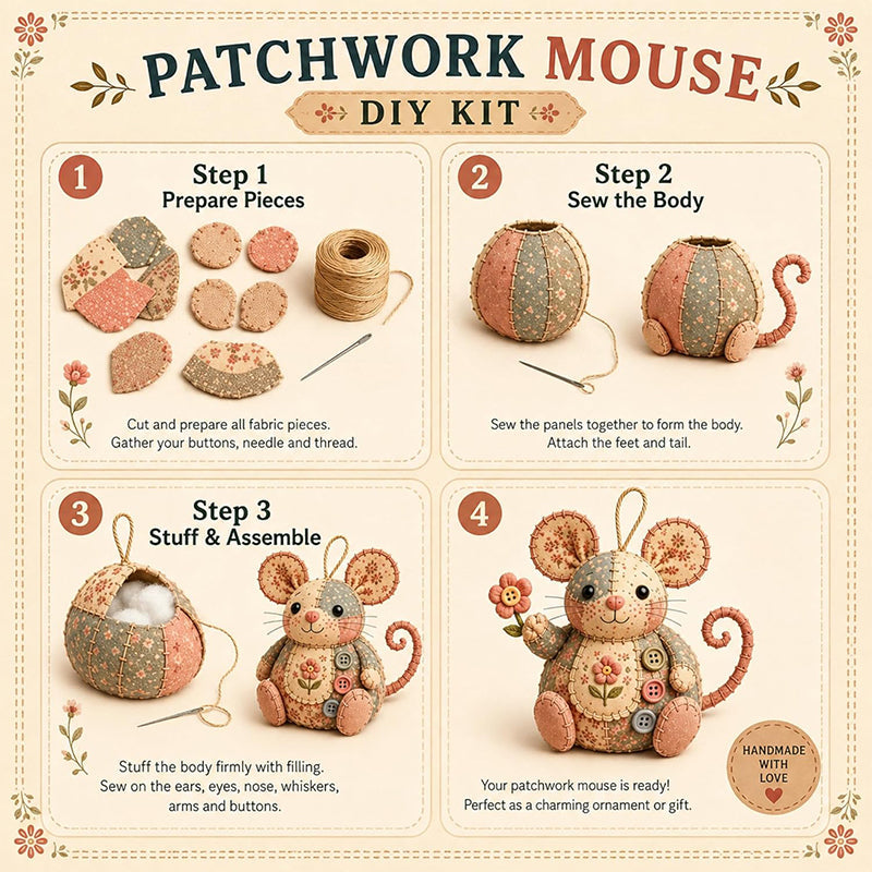 Patchwork Mouse DIY Sewing Kit – Minden alkatrész és útmutató, elkészítheted saját plüss egeredet 🧵🐭
