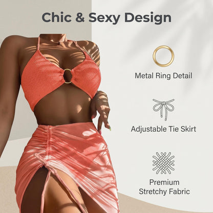 ✨ Szexi fémgyűrűs két részes bikini – Állítható oldalsó kötőpántokkal, csavart szoknyarésszel, rugalmas anyagból