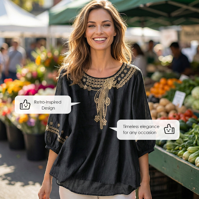 👚 Női hímzett pamut-len keverék blúz – Légáteresztő, kényelmes, mindennapi és alkalmi viseletre egyaránt