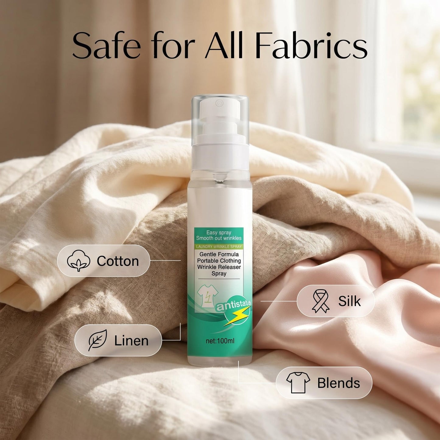 ✨Ránctalanító spray ruhákhoz – Kíméletes összetétel, hordozható kiszerelésben – Vasalás nélkül, friss megjelenés