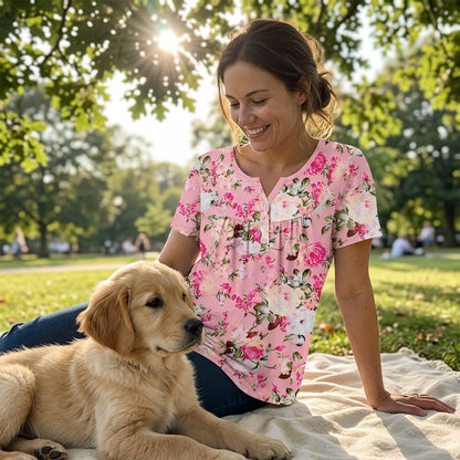 🌸 Laza szabású virágmintás női póló – Elegáns gombokkal, nyári könnyedség