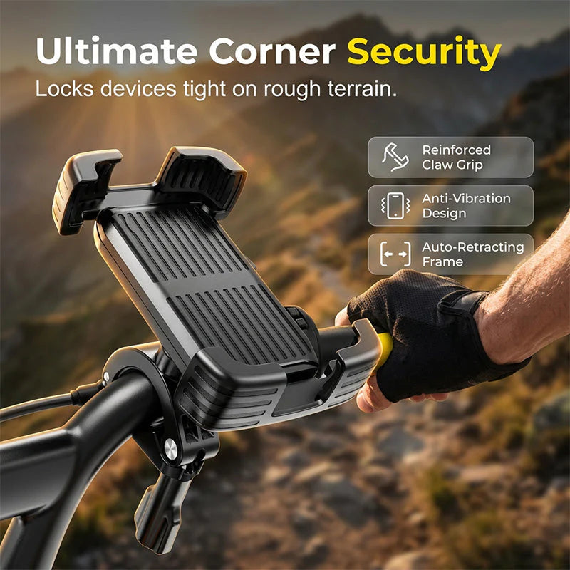 🚴 Kerékpáros telefon tartó – 4 sarkon automatikus rögzítés, egykezes gyorskiengedés, 360°-ban forgatható, PC+ABS anyag