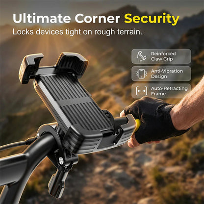 🚴 Kerékpáros telefon tartó – 4 sarkon automatikus rögzítés, egykezes gyorskiengedés, 360°-ban forgatható, PC+ABS anyag