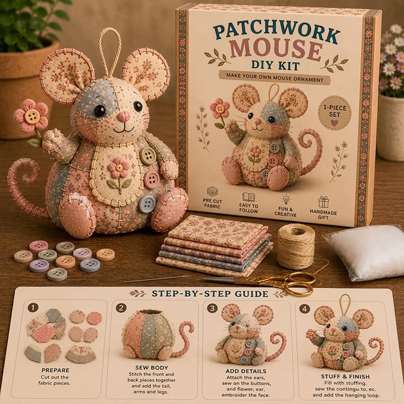 Patchwork Mouse DIY Sewing Kit – Minden alkatrész és útmutató, elkészítheted saját plüss egeredet 🧵🐭