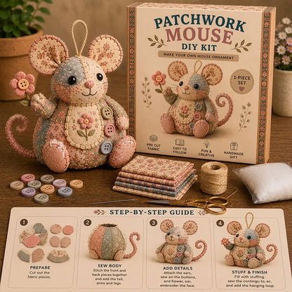 Patchwork Mouse DIY Sewing Kit – Minden alkatrész és útmutató, elkészítheted saját plüss egeredet 🧵🐭