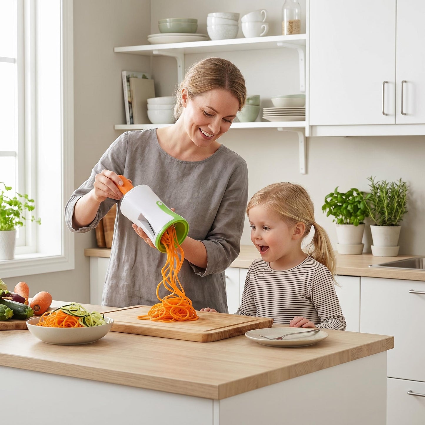 🥕 Kézi többfunkciós zöldség-spirálvágó – 3 különböző penge, erős szívókorong, szabadon kombájnálható zöldségformák