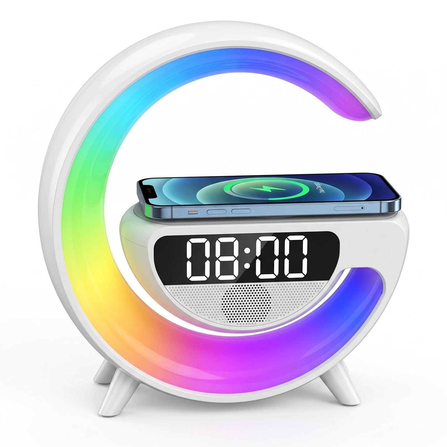 🔊 Félhold alakú RGB LED lámpa hangszóróval + vezeték nélküli töltőállomás