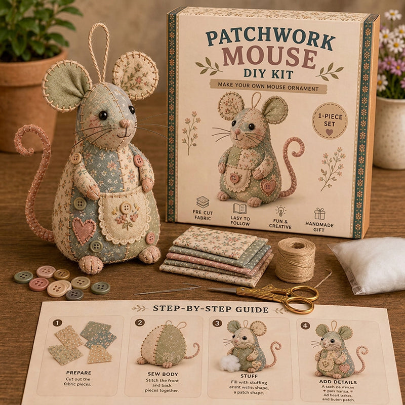 Patchwork Mouse DIY Sewing Kit – Minden alkatrész és útmutató, elkészítheted saját plüss egeredet 🧵🐭