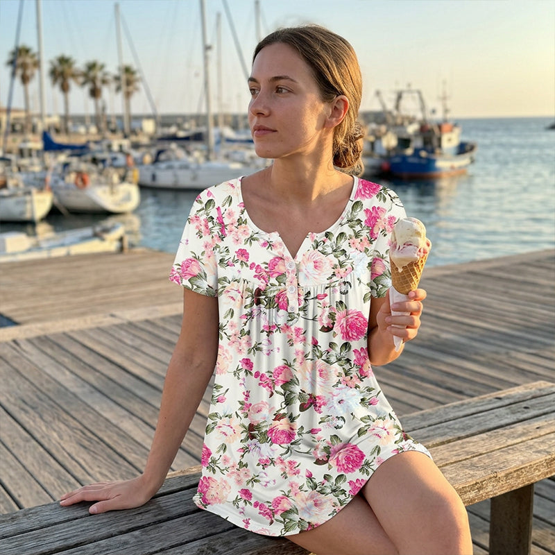 🌸 Laza szabású virágmintás női póló – Elegáns gombokkal, nyári könnyedség