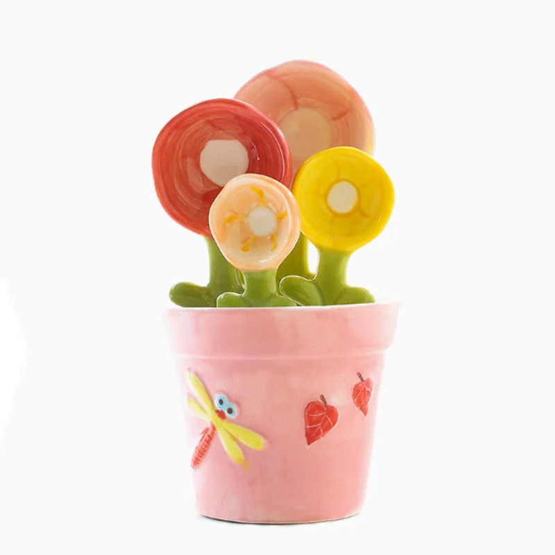 🌷🎁 Elegáns kerámia virágmintás mérőkanál készlet – Tökéletes ajándék sütés szerelmeseinek