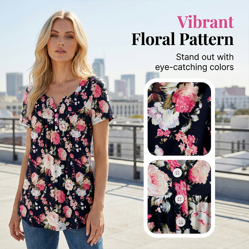 🌸 Laza szabású virágmintás női póló – Elegáns gombokkal, nyári könnyedség