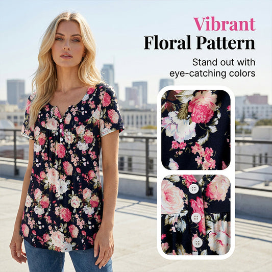 🌸 Laza szabású virágmintás női póló – Elegáns gombokkal, nyári könnyedség