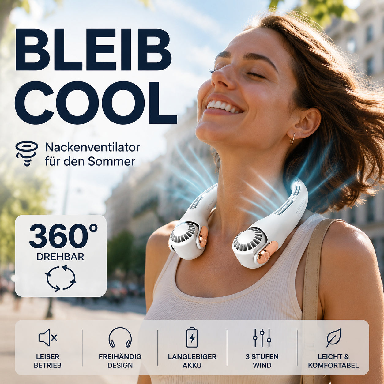 ☀️ USB-s nyaki hűsítő ventilátor – 360° forgatható fej, hosszú akkumulátor, csendes motor – Nyári hőség ellen