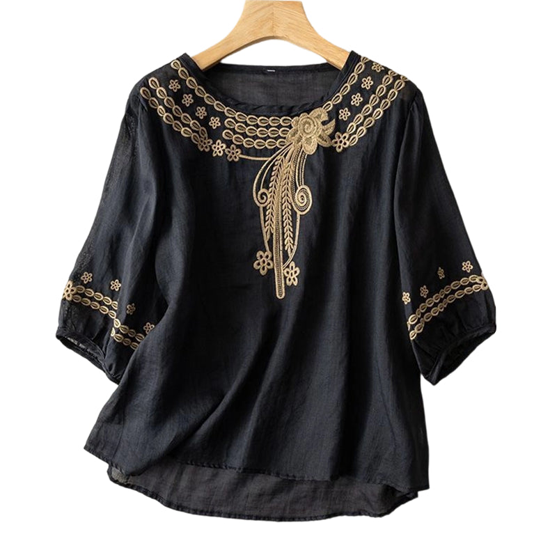 👚 Női hímzett pamut-len keverék blúz – Légáteresztő, kényelmes, mindennapi és alkalmi viseletre egyaránt