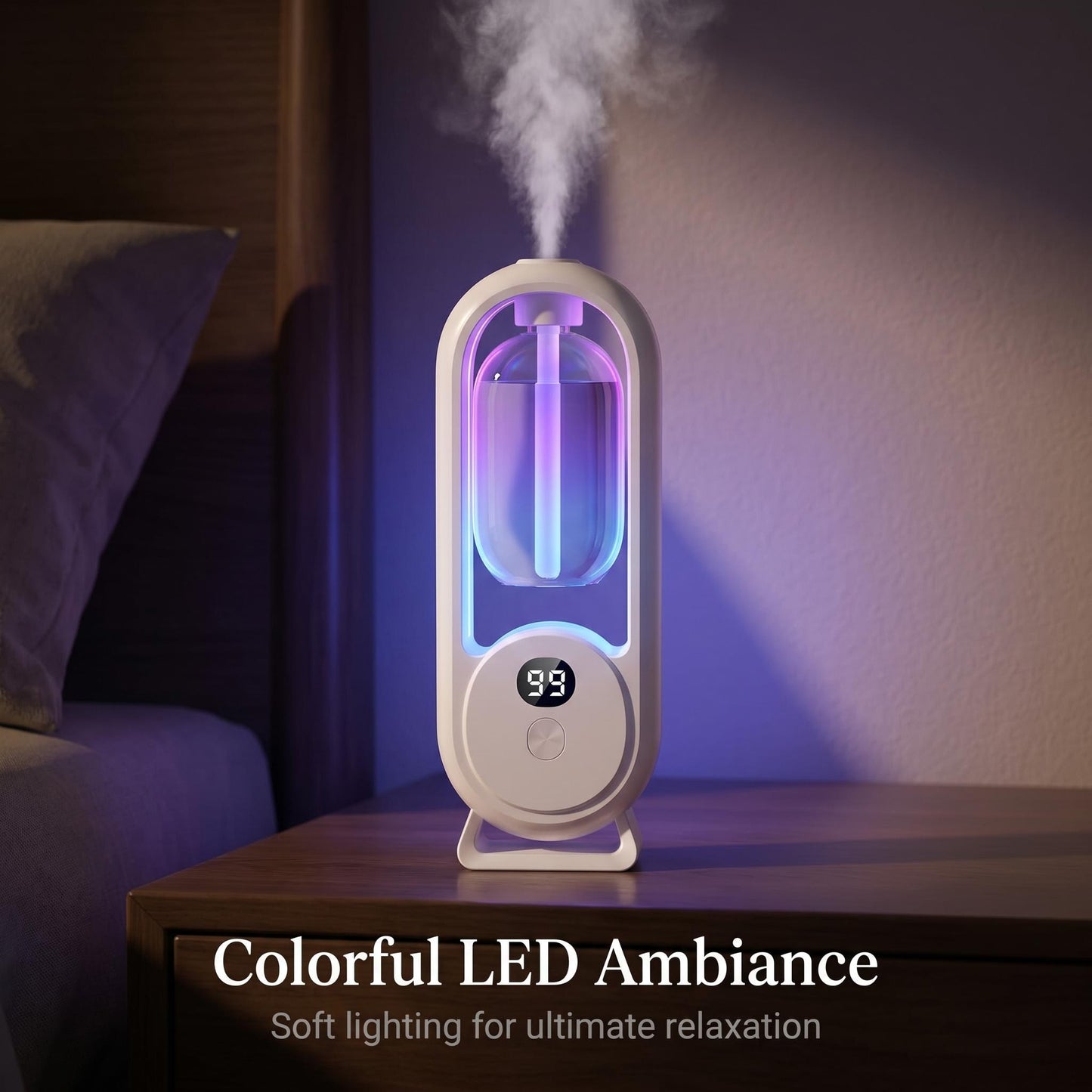 💡 Színes LED-fények lágy fényével – alváshoz, olvasáshoz vagy esti beszélgetésekhez! Illat és fény együtt alkotnak otthonos hangulatot! 🌙