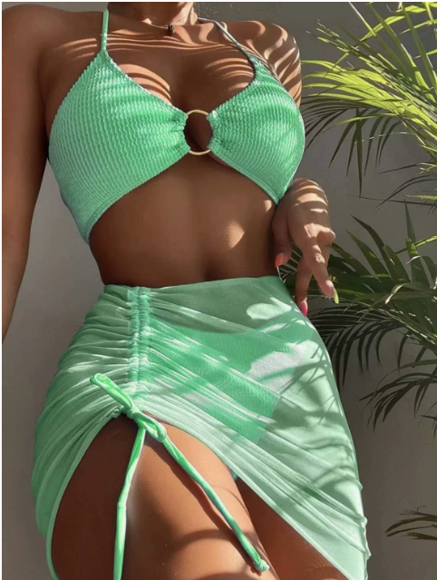 ✨ Szexi fémgyűrűs két részes bikini – Állítható oldalsó kötőpántokkal, csavart szoknyarésszel, rugalmas anyagból