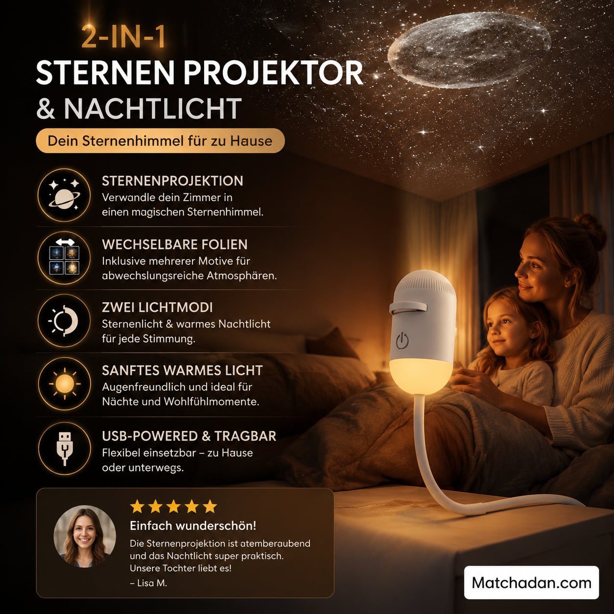 🌙 2 az 1-ben csillagvetítő és altatófény – Nyugtató hatás, elalváshoz is tökéletes