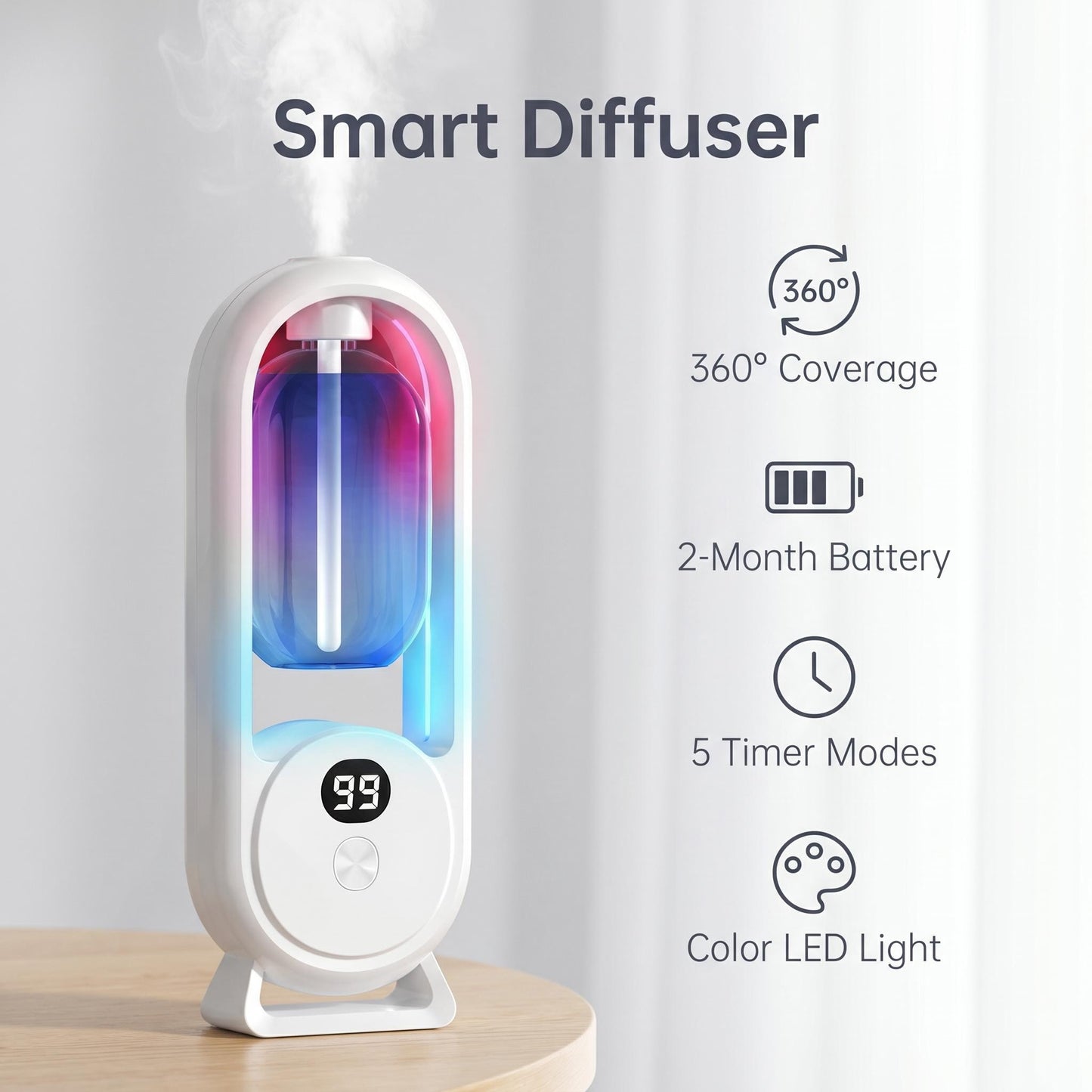 💡 Színes LED-fények lágy fényével – alváshoz, olvasáshoz vagy esti beszélgetésekhez! Illat és fény együtt alkotnak otthonos hangulatot! 🌙