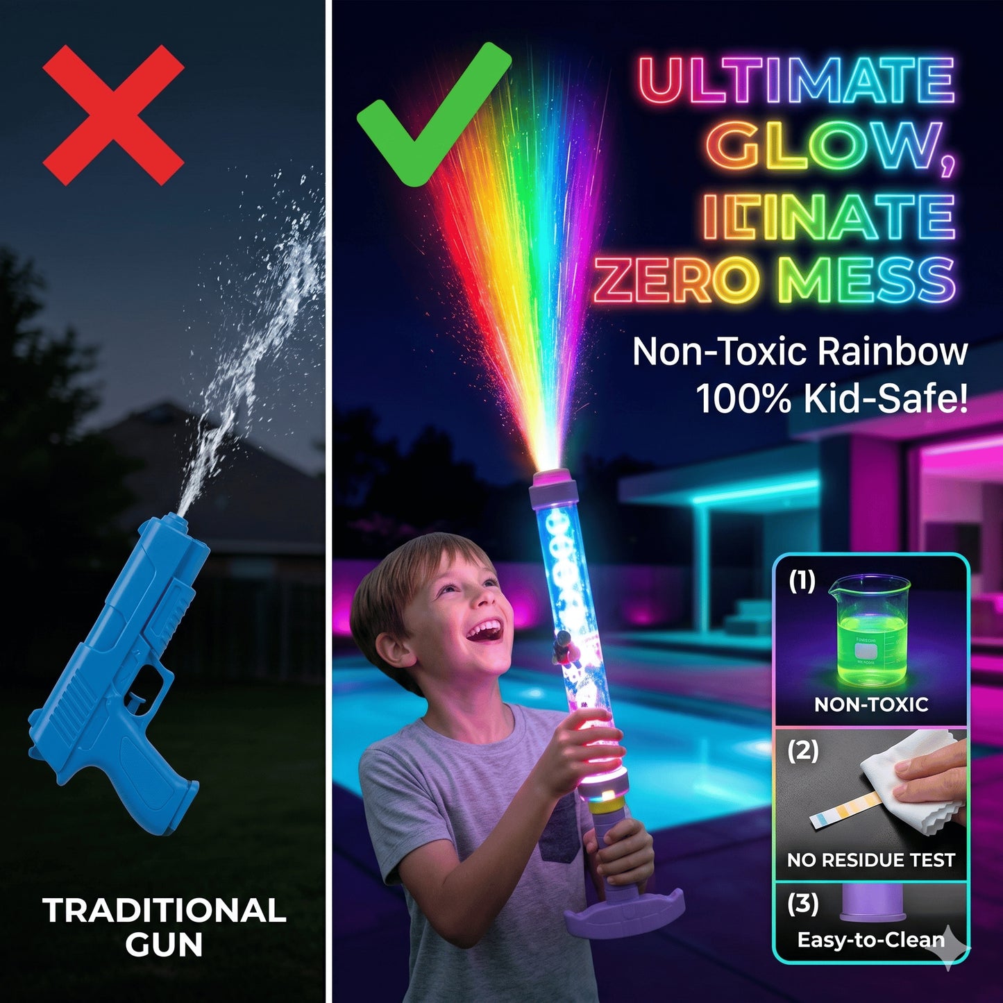🌈 Szivárványos LED-es vízipisztoly – Világító színek, extra móka a vízben!