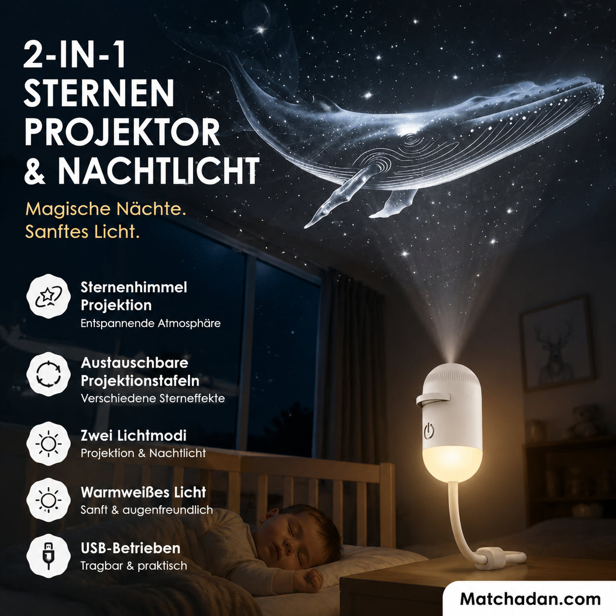 🌙 2 az 1-ben csillagvetítő és altatófény – Nyugtató hatás, elalváshoz is tökéletes