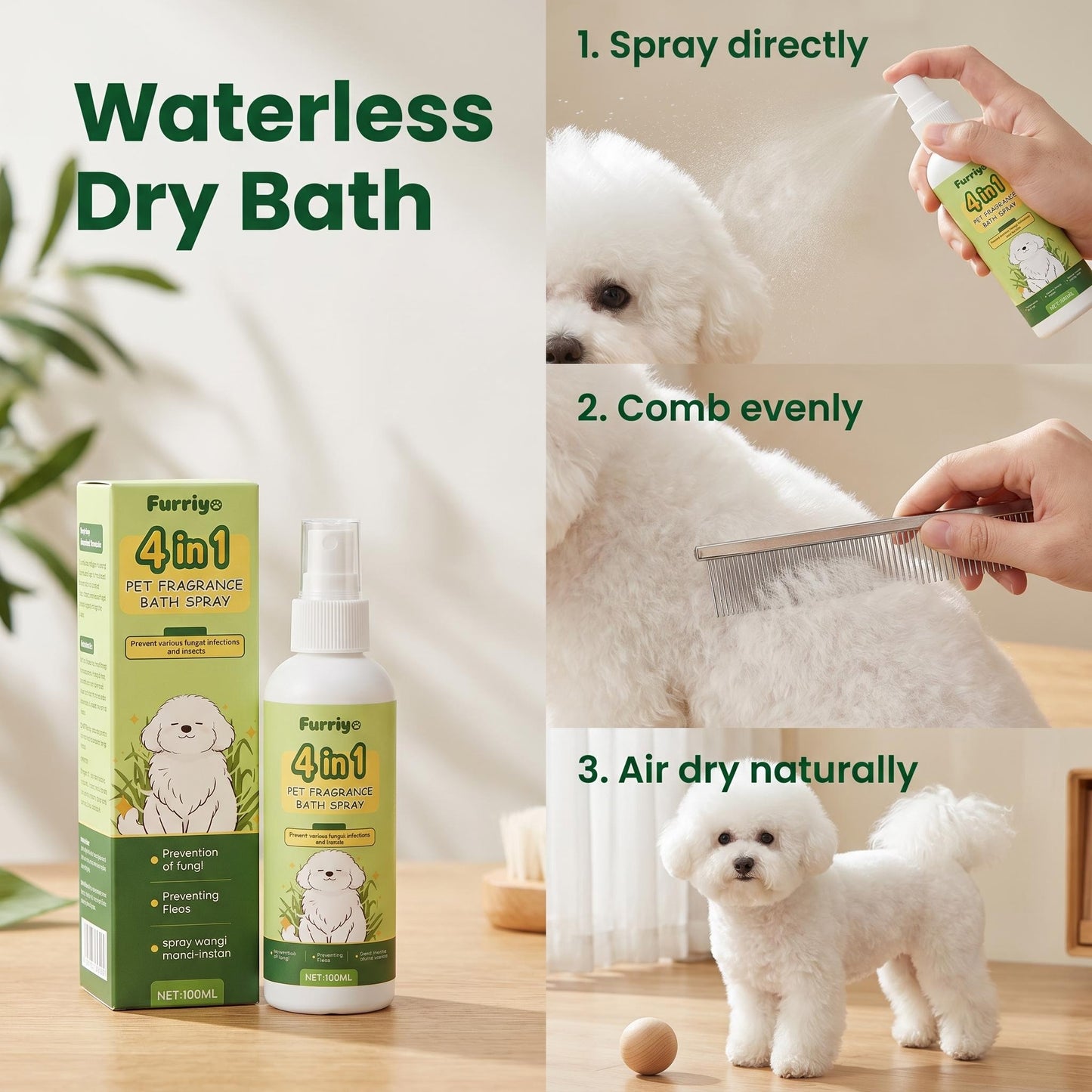 🐾 4 az 1-ben ápoló spray – tisztít, szagtalanít, fényesít és illatosít egyetlen permetben! Fürdés nélkül is tiszta és friss a kedvenced! ✨
