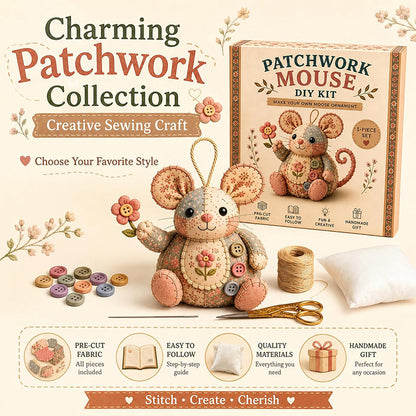 Patchwork Mouse DIY Sewing Kit – Minden alkatrész és útmutató, elkészítheted saját plüss egeredet 🧵🐭