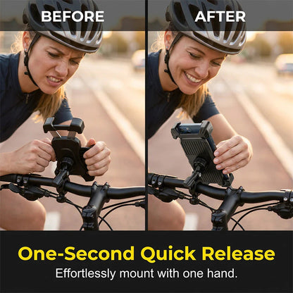 🚴 Kerékpáros telefon tartó – 4 sarkon automatikus rögzítés, egykezes gyorskiengedés, 360°-ban forgatható, PC+ABS anyag
