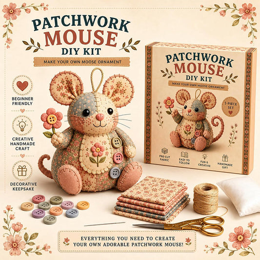 Patchwork Mouse DIY Sewing Kit – Minden alkatrész és útmutató, elkészítheted saját plüss egeredet 🧵🐭