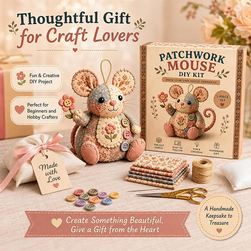 Patchwork Mouse DIY Sewing Kit – Minden alkatrész és útmutató, elkészítheted saját plüss egeredet 🧵🐭