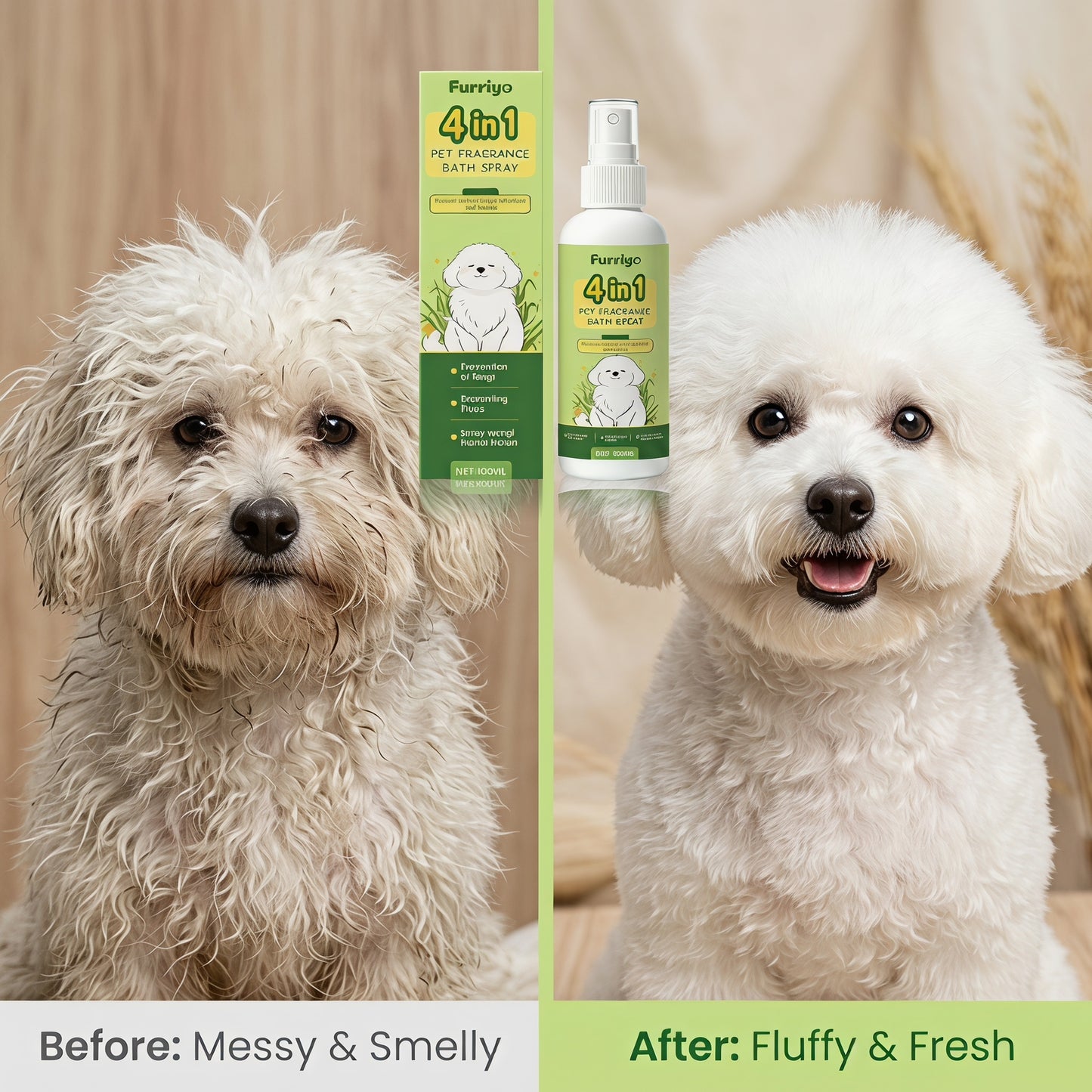 🐾 4 az 1-ben ápoló spray – tisztít, szagtalanít, fényesít és illatosít egyetlen permetben! Fürdés nélkül is tiszta és friss a kedvenced! ✨