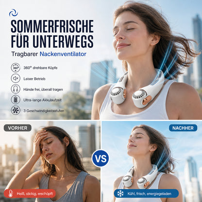 ☀️ USB-s nyaki hűsítő ventilátor – 360° forgatható fej, hosszú akkumulátor, csendes motor – Nyári hőség ellen