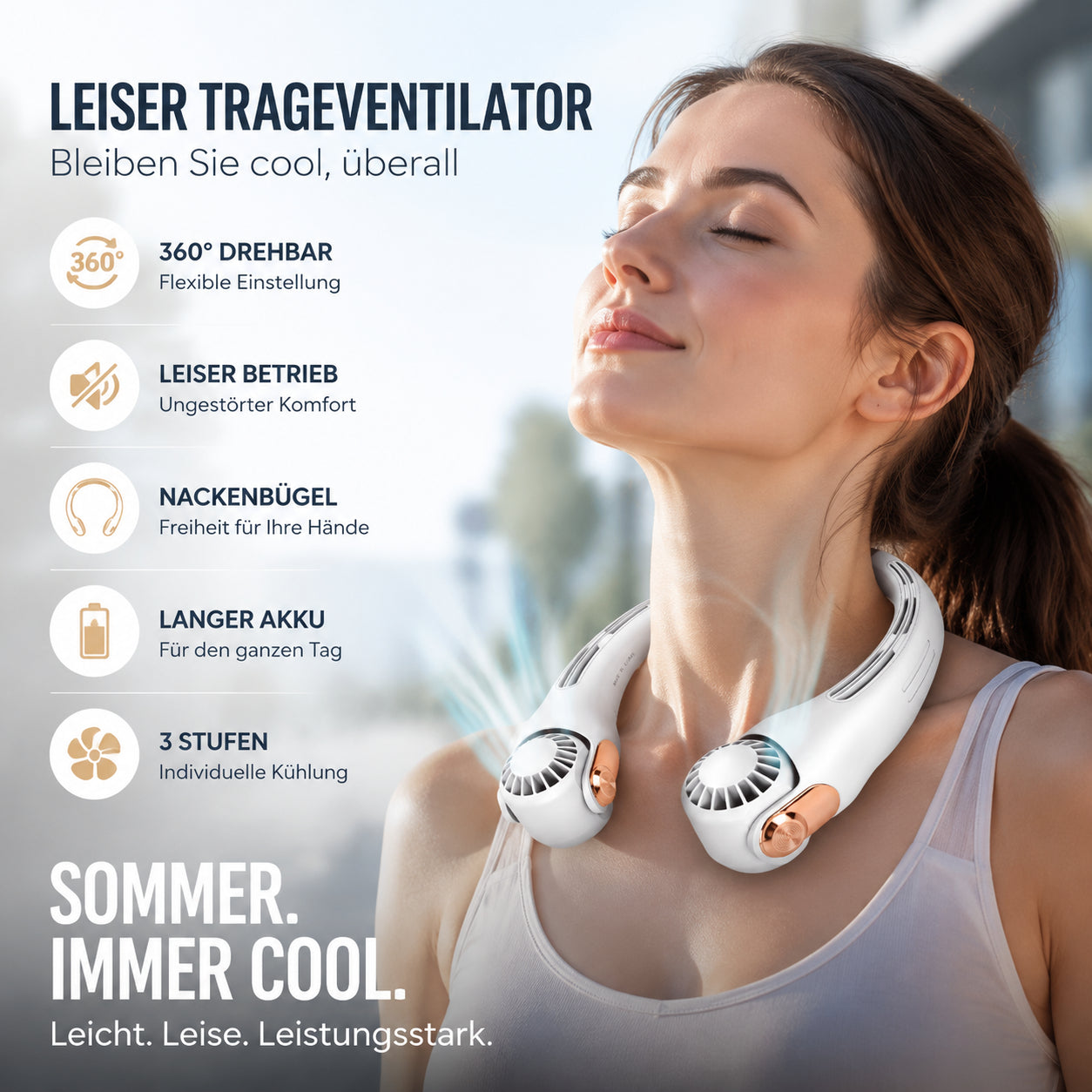 ☀️ USB-s nyaki hűsítő ventilátor – 360° forgatható fej, hosszú akkumulátor, csendes motor – Nyári hőség ellen