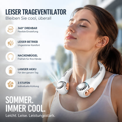 ☀️ USB-s nyaki hűsítő ventilátor – 360° forgatható fej, hosszú akkumulátor, csendes motor – Nyári hőség ellen