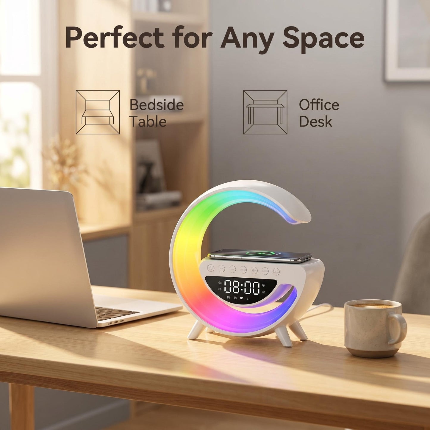 🔊 Félhold alakú RGB LED lámpa hangszóróval + vezeték nélküli töltőállomás